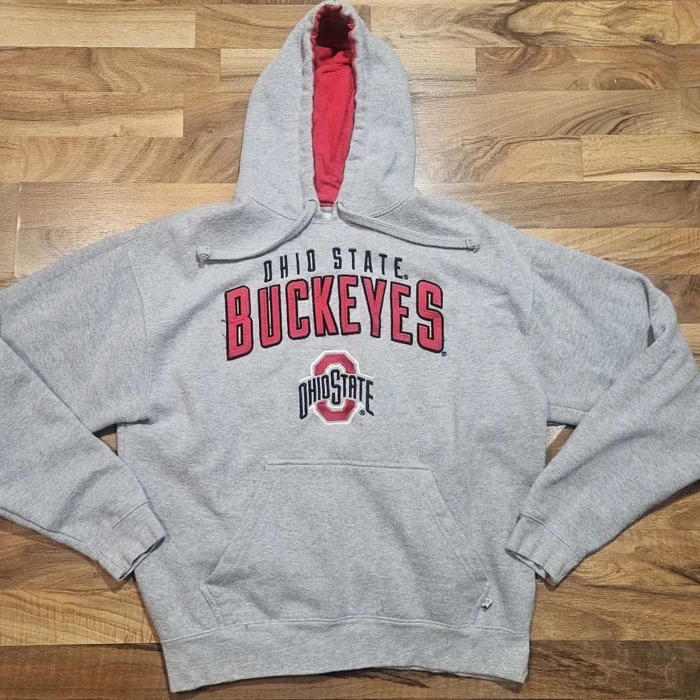 Ohio State Buckeyes Hoodie XL Gray Embroidered Spellout Red Hood Lining - Picture 1 of 7